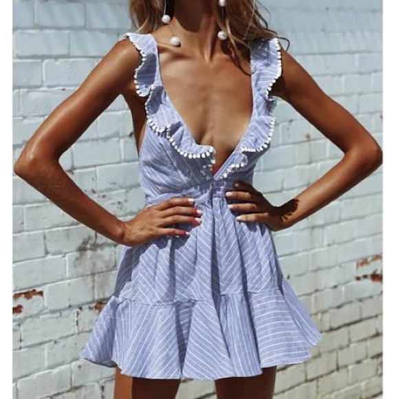 Summer Sleeveless Dress Deep V Neck Mini Ruffles - Picture 1 of 8